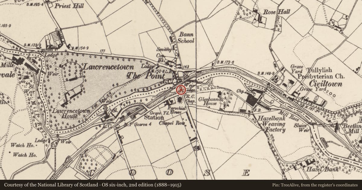 Ordnance Survey six-inch map, 2nd edition (1888–1915) covering the location of Lawrencetown Bridge, Croose Drumnascamph, Armagh City, Banbridge and Craigavon, with a pin at the register's coordinates