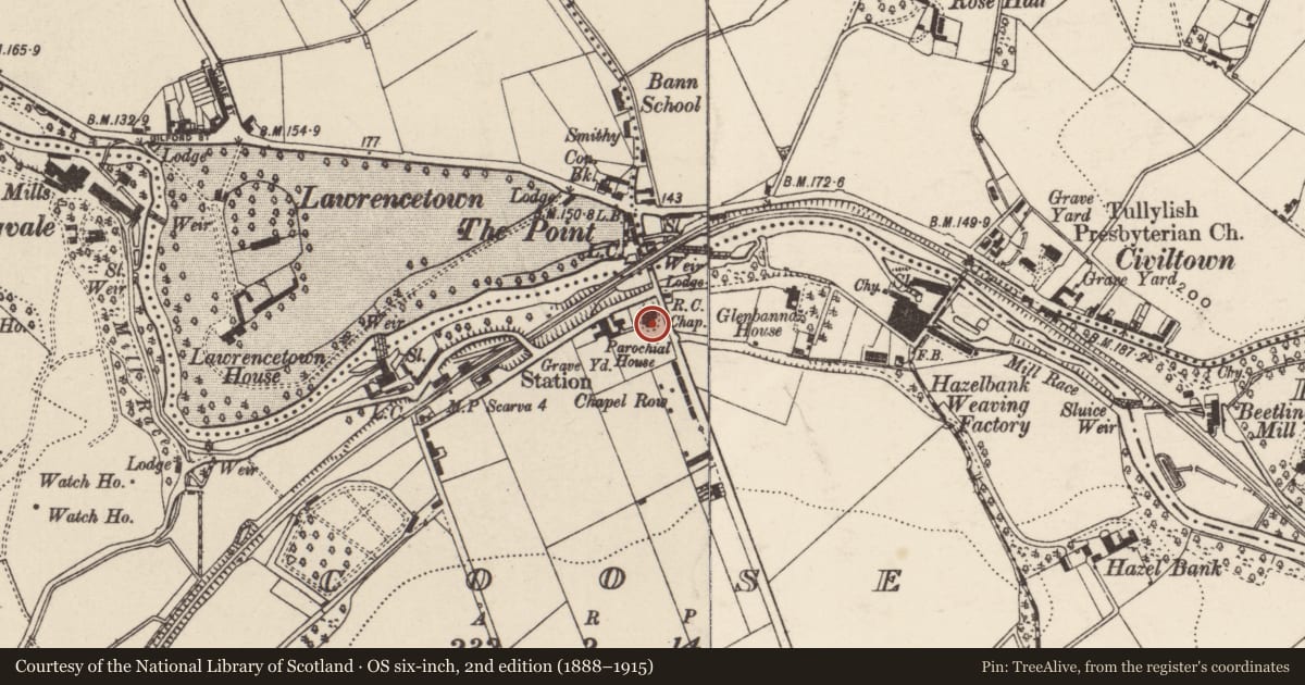 Ordnance Survey six-inch map, 2nd edition (1888–1915) covering the location of St Patrick and St Colman's Church, Coose, Armagh City, Banbridge and Craigavon, with a pin at the register's coordinates