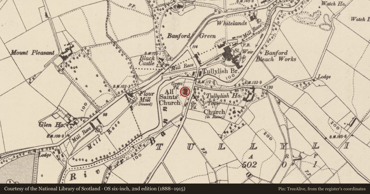 Ordnance Survey six-inch map, 2nd edition (1888–1915) covering the location of All Saint's Parish Church, Tullylish, Armagh City, Banbridge and Craigavon, with a pin at the register's coordinates