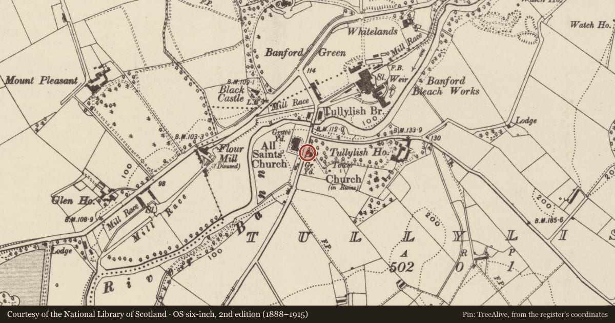 Ordnance Survey six-inch map, 2nd edition (1888–1915) covering the location of Former Sexton’s House, Tullylish, Armagh City, Banbridge and Craigavon, with a pin at the register's coordinates