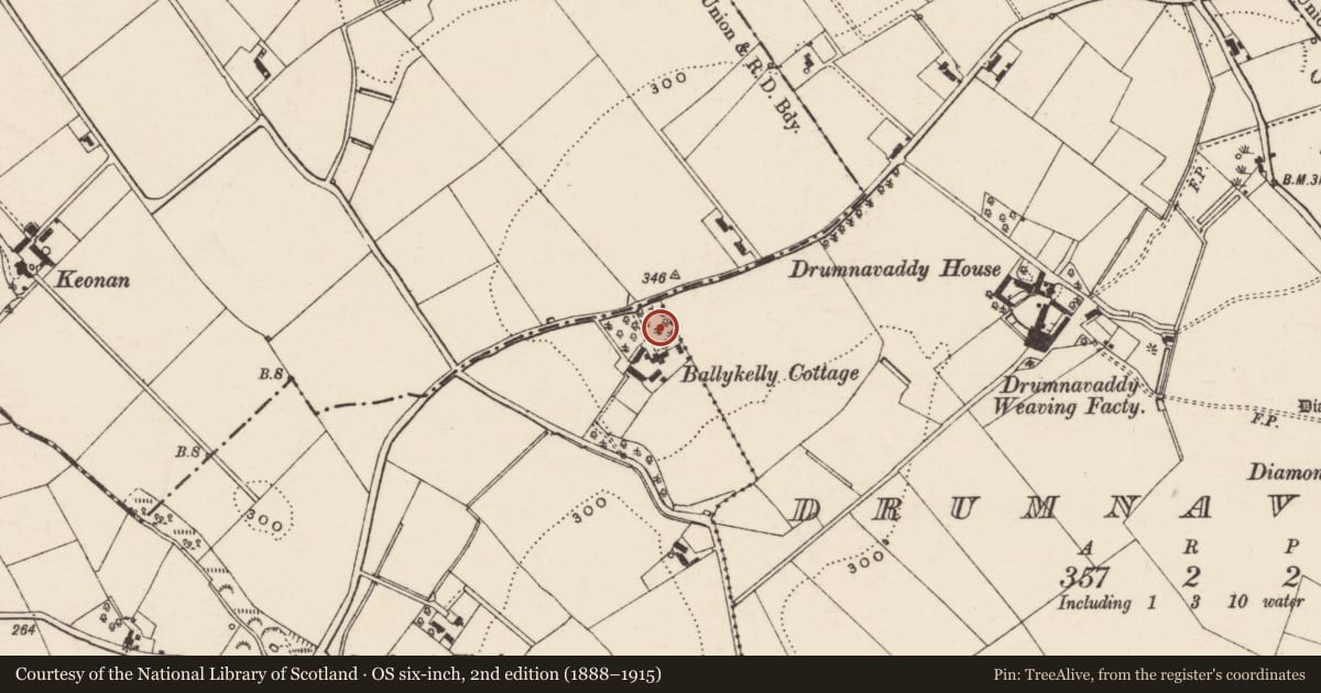 Ordnance Survey six-inch map, 2nd edition (1888–1915) covering the location of Ballykelly Cottage, Armagh City, Banbridge and Craigavon, with a pin at the register's coordinates