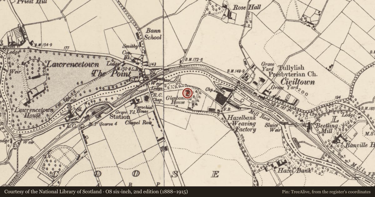 Ordnance Survey six-inch map, 2nd edition (1888–1915) covering the location of Glenbanna House, Coose, Armagh City, Banbridge and Craigavon, with a pin at the register's coordinates
