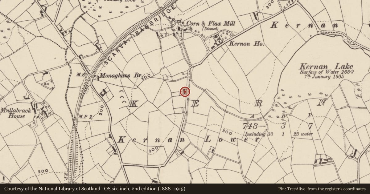Ordnance Survey six-inch map, 2nd edition (1888–1915) covering the location of 14 Drumaran Road, Armagh City, Banbridge and Craigavon, with a pin at the register's coordinates