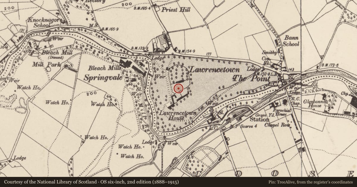 Ordnance Survey six-inch map, 2nd edition (1888–1915) covering the location of Whitefield College of the Bible, Tullylish, Armagh City, Banbridge and Craigavon, with a pin at the register's coordinates