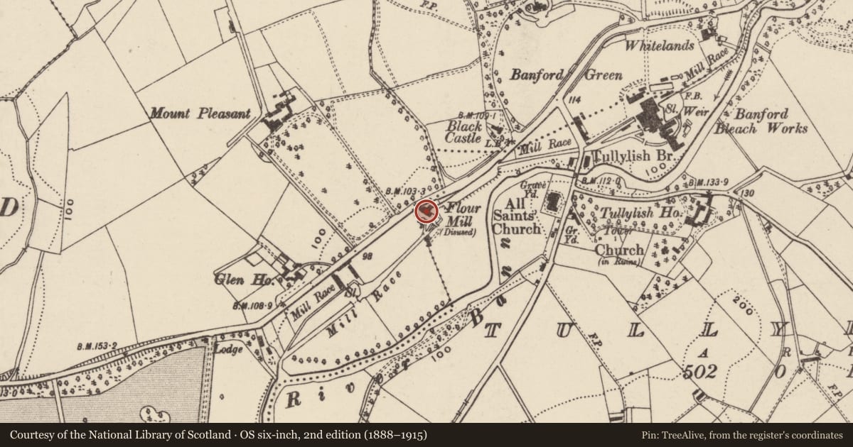 Ordnance Survey six-inch map, 2nd edition (1888–1915) covering the location of Major Uprichard, Tullylish, Armagh City, Banbridge and Craigavon, with a pin at the register's coordinates