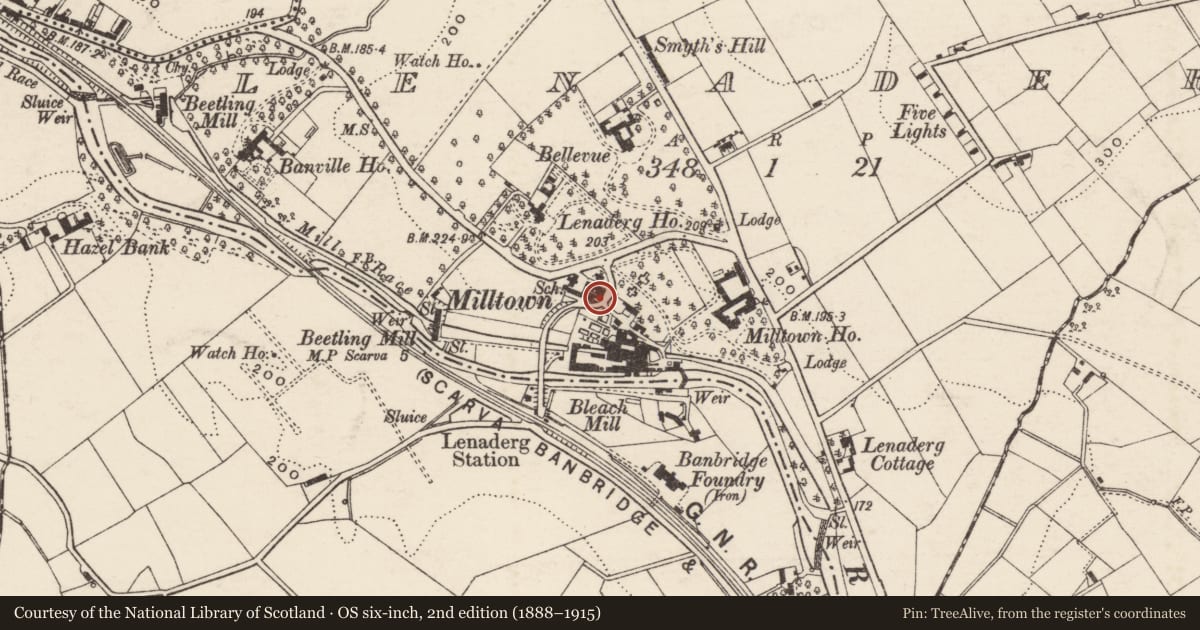 Ordnance Survey six-inch map, 2nd edition (1888–1915) covering the location of Telephone kiosk, next to 190 - 192 Huntly Road, Lenaderg, Banbridge, Armagh City, Banbridge and Craigavon, with a pin at the register's coordinates