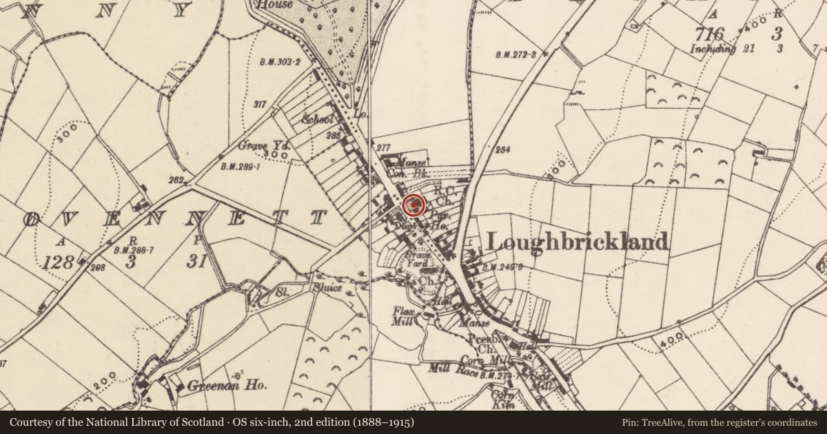 Ordnance Survey six-inch map, 2nd edition (1888–1915) covering the location of St Patrick’s Roman Catholic Church, Bovennett, Armagh City, Banbridge and Craigavon, with a pin at the register's coordinates