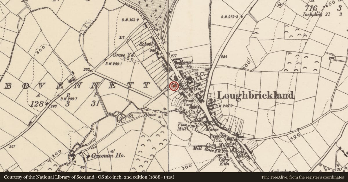 Ordnance Survey six-inch map, 2nd edition (1888–1915) covering the location of 28 Scarva Street, Loughbrickland, Armagh City, Banbridge and Craigavon, with a pin at the register's coordinates