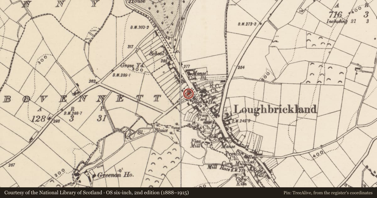 Ordnance Survey six-inch map, 2nd edition (1888–1915) covering the location of 30 Scarva Street, Loughbrickland, Armagh City, Banbridge and Craigavon, with a pin at the register's coordinates