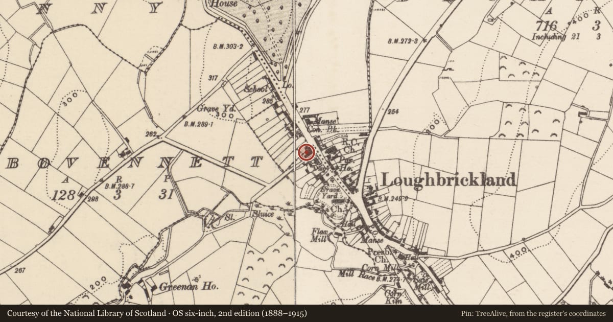 Ordnance Survey six-inch map, 2nd edition (1888–1915) covering the location of 32 Scarva Street, Loughbrickland, Armagh City, Banbridge and Craigavon, with a pin at the register's coordinates