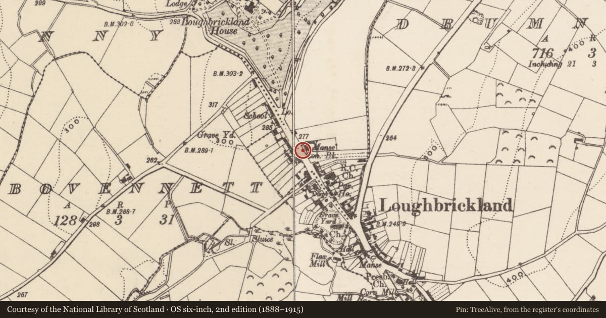 Ordnance Survey six-inch map, 2nd edition (1888–1915) covering the location of Aghaderg Lodge, Loughbrickland, Armagh City, Banbridge and Craigavon, with a pin at the register's coordinates