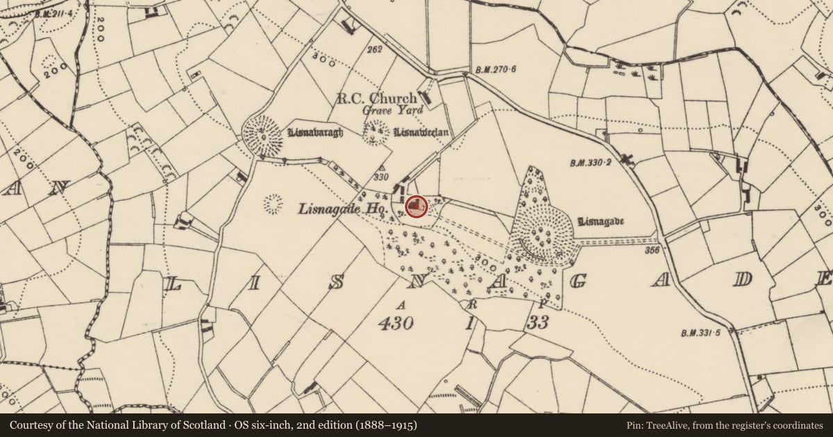 Ordnance Survey six-inch map, 2nd edition (1888–1915) covering the location of Lisnagade House, Lisngade, Armagh City, Banbridge and Craigavon, with a pin at the register's coordinates