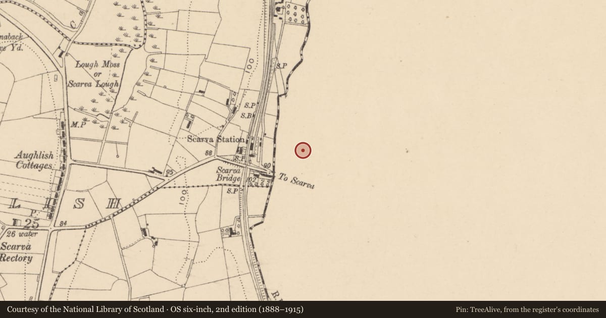 Ordnance Survey six-inch map, 2nd edition (1888–1915) covering the location of 32 Main Street, Scarva, Armagh City, Banbridge and Craigavon, with a pin at the register's coordinates