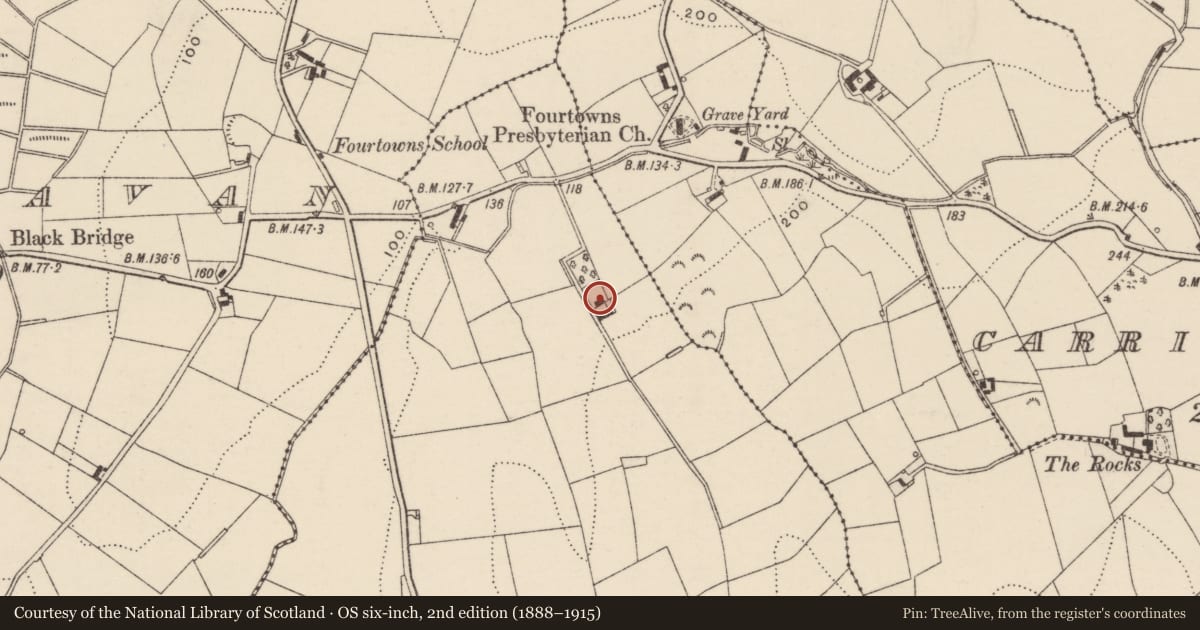 Ordnance Survey six-inch map, 2nd edition (1888–1915) covering the location of 5 Rock Meeting Road, Ballymacaratty Beg, Armagh City, Banbridge and Craigavon, with a pin at the register's coordinates