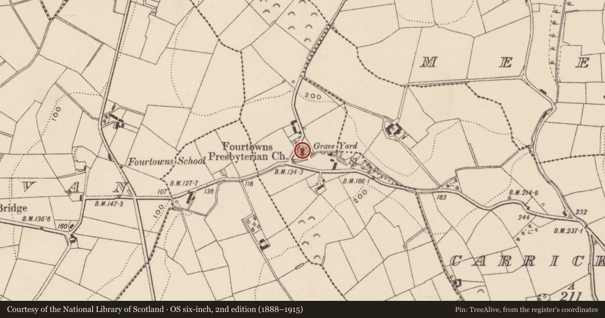 Ordnance Survey six-inch map, 2nd edition (1888–1915) covering the location of Fourtowns Presbyterian Church, Armagh City, Banbridge and Craigavon, with a pin at the register's coordinates