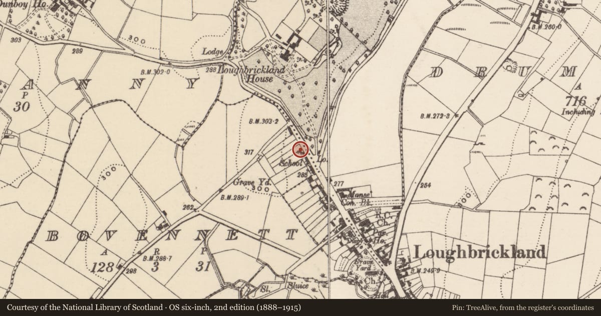 Ordnance Survey six-inch map, 2nd edition (1888–1915) covering the location of Pump in front of Scarva St Surgery, Bovennett, Armagh City, Banbridge and Craigavon, with a pin at the register's coordinates