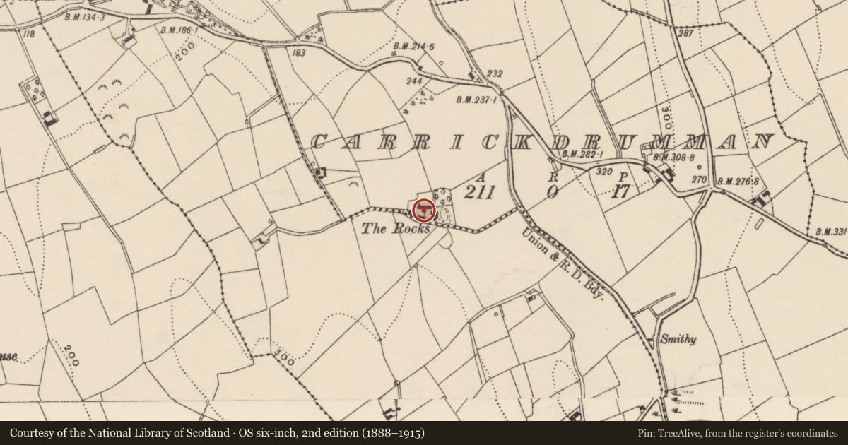 Ordnance Survey six-inch map, 2nd edition (1888–1915) covering the location of 23 Rock Meeting Road, Ballymacarty, Armagh City, Banbridge and Craigavon, with a pin at the register's coordinates