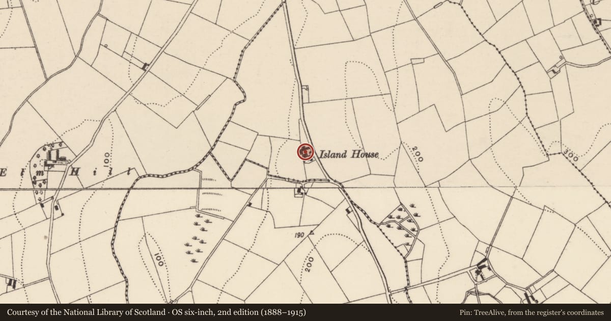 Ordnance Survey six-inch map, 2nd edition (1888–1915) covering the location of Island House, Ballymacaratty Beg, Armagh City, Banbridge and Craigavon, with a pin at the register's coordinates