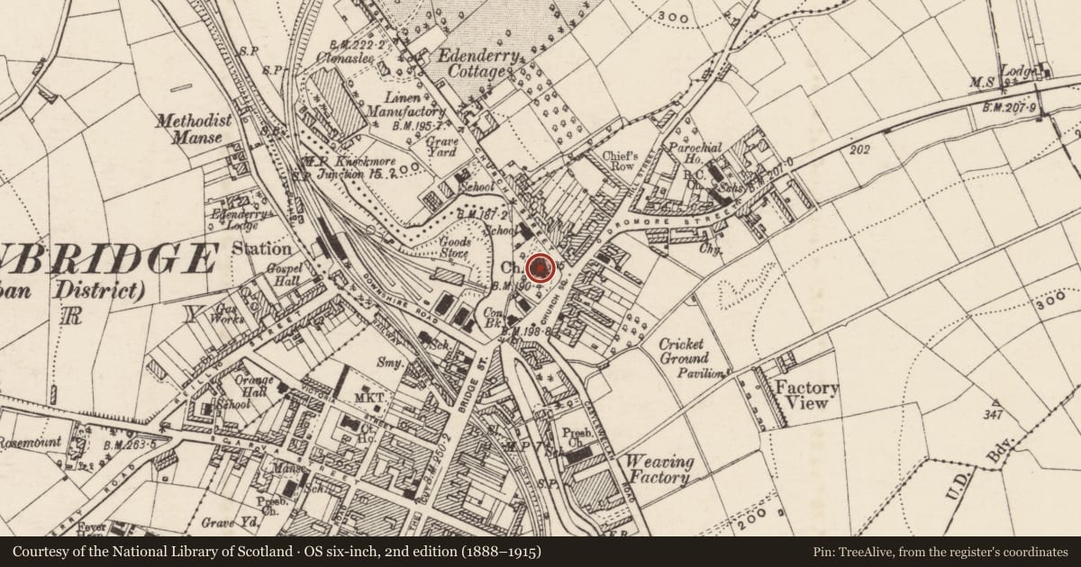 Ordnance Survey six-inch map, 2nd edition (1888–1915) covering the location of Seapatrick Parish Church, Ballyvally, Armagh City, Banbridge and Craigavon, with a pin at the register's coordinates