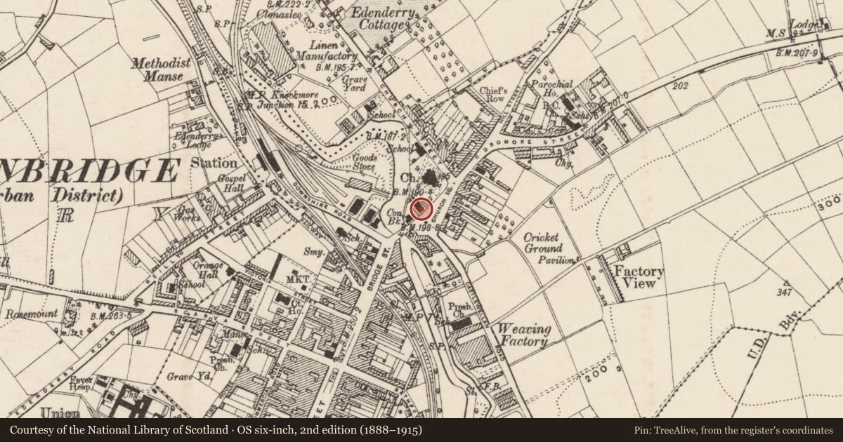 Ordnance Survey six-inch map, 2nd edition (1888–1915) covering the location of Masonic Hall, Ballyvally, Armagh City, Banbridge and Craigavon, with a pin at the register's coordinates