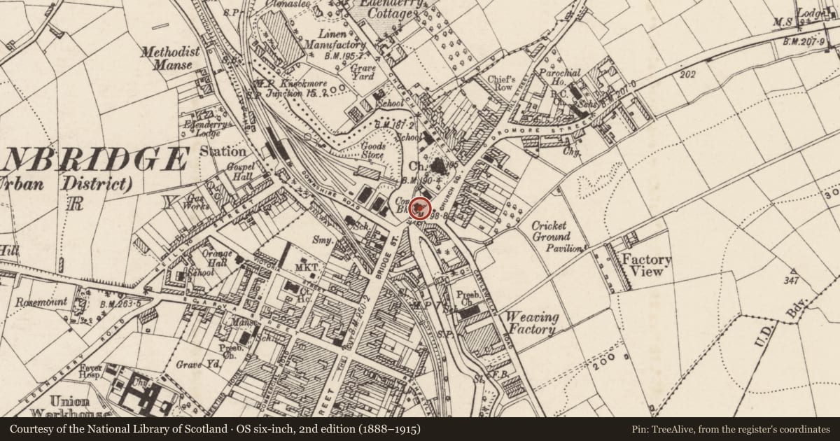Ordnance Survey six-inch map, 2nd edition (1888–1915) covering the location of Former RUC Barracks, Tullyear, Armagh City, Banbridge and Craigavon, with a pin at the register's coordinates