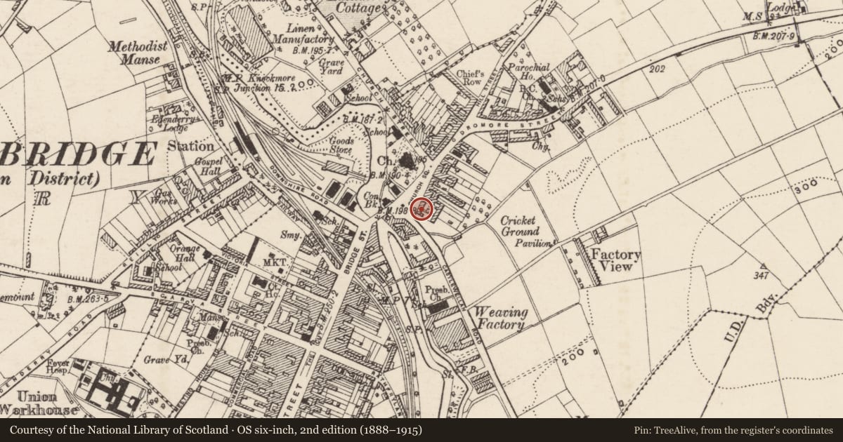 Ordnance Survey six-inch map, 2nd edition (1888–1915) covering the location of Sergeant's House, Tullyear, Armagh City, Banbridge and Craigavon, with a pin at the register's coordinates