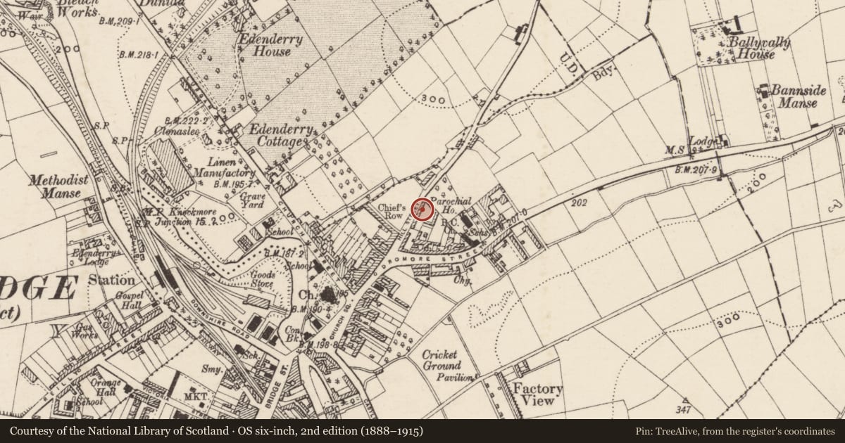 Ordnance Survey six-inch map, 2nd edition (1888–1915) covering the location of 6-22 Hill Street, Armagh City, Banbridge and Craigavon, with a pin at the register's coordinates