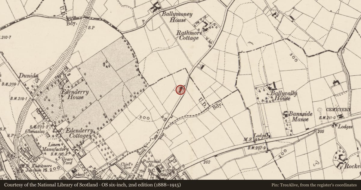 Ordnance Survey six-inch map, 2nd edition (1888–1915) covering the location of The Hill, Armagh City, Banbridge and Craigavon, with a pin at the register's coordinates