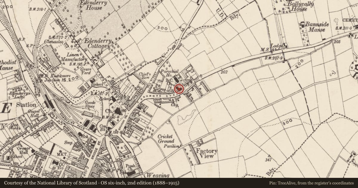 Ordnance Survey six-inch map, 2nd edition (1888–1915) covering the location of Old Primary School, Armagh City, Banbridge and Craigavon, with a pin at the register's coordinates