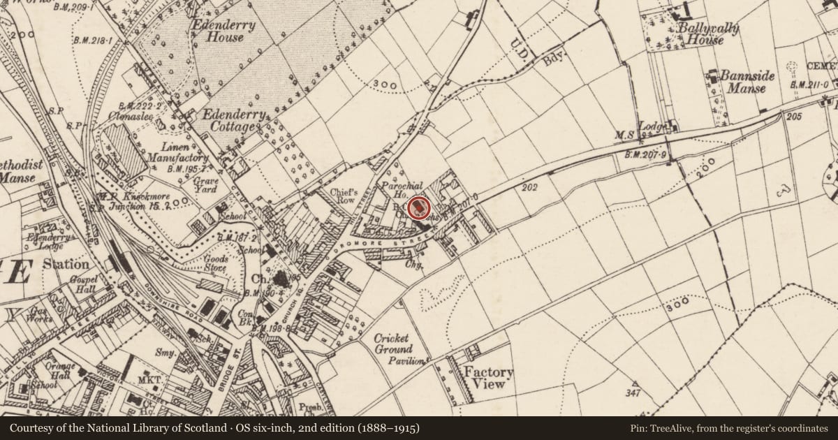 Ordnance Survey six-inch map, 2nd edition (1888–1915) covering the location of St Patricks RC Church, Ballyvally, Armagh City, Banbridge and Craigavon, with a pin at the register's coordinates