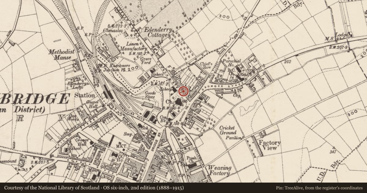 Ordnance Survey six-inch map, 2nd edition (1888–1915) covering the location of Hughes House, Ballyvally, Armagh City, Banbridge and Craigavon, with a pin at the register's coordinates