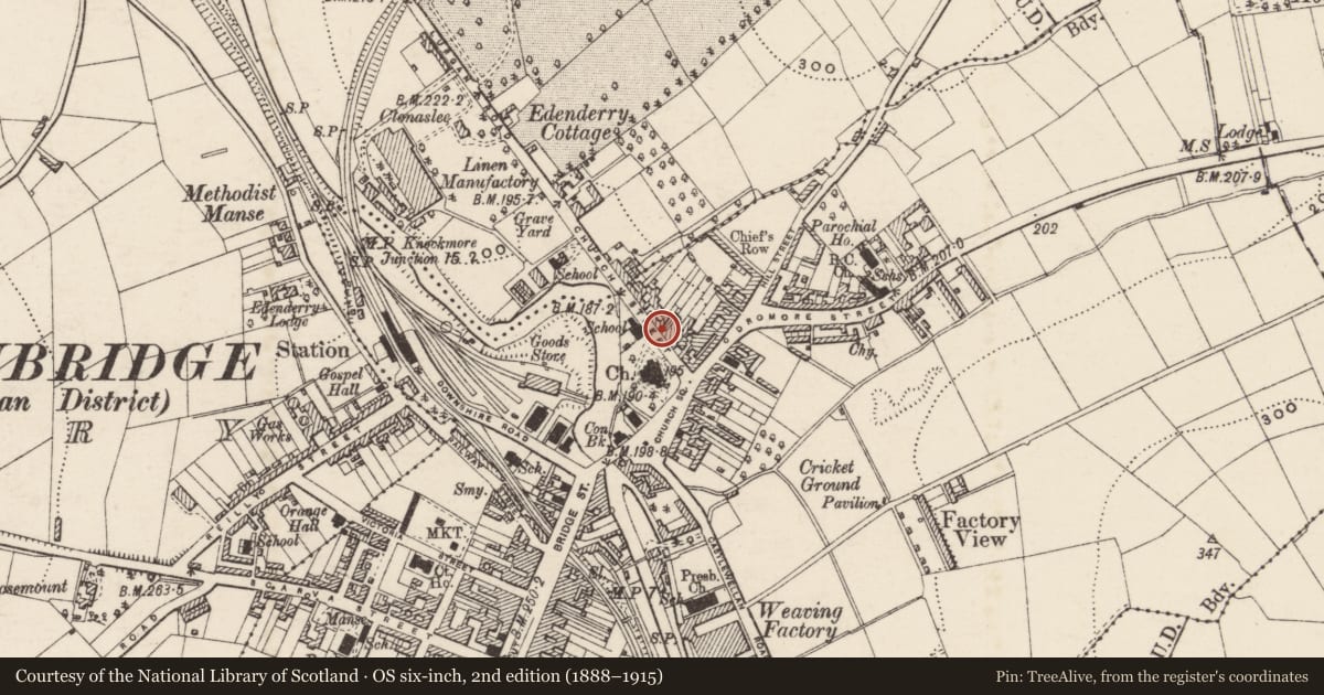 Ordnance Survey six-inch map, 2nd edition (1888–1915) covering the location of 8 Church Street, Ballyvally, Armagh City, Banbridge and Craigavon, with a pin at the register's coordinates