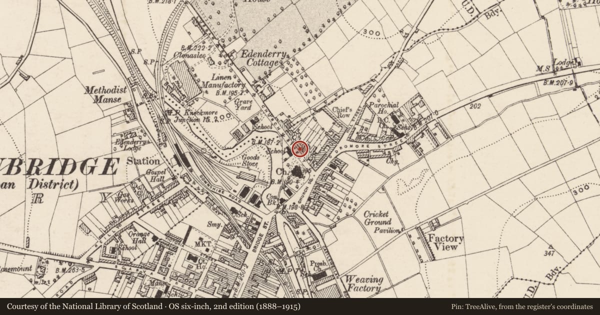 Ordnance Survey six-inch map, 2nd edition (1888–1915) covering the location of 9 Church Street, Ballyvally, Armagh City, Banbridge and Craigavon, with a pin at the register's coordinates