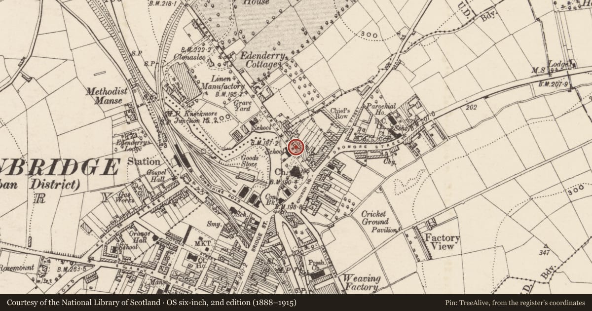 Ordnance Survey six-inch map, 2nd edition (1888–1915) covering the location of 10 Church Street, Ballyvally, Armagh City, Banbridge and Craigavon, with a pin at the register's coordinates