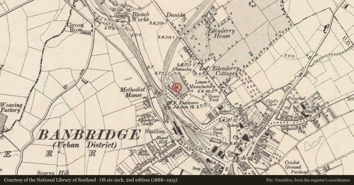 Ordnance Survey six-inch map, 2nd edition (1888–1915) covering the location of Edenderry Factory, Armagh City, Banbridge and Craigavon, with a pin at the register's coordinates