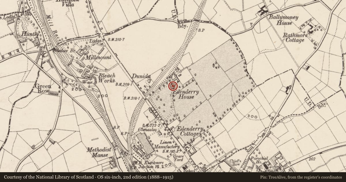 Ordnance Survey six-inch map, 2nd edition (1888–1915) covering the location of Edenderry House, Ballyvally, Armagh City, Banbridge and Craigavon, with a pin at the register's coordinates
