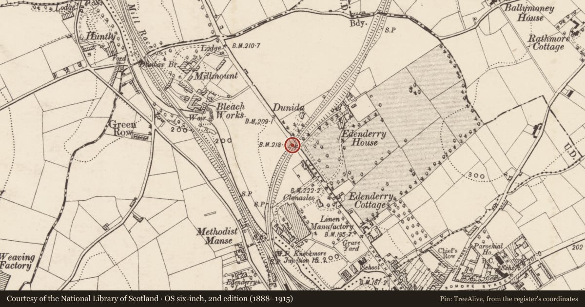 Ordnance Survey six-inch map, 2nd edition (1888–1915) covering the location of Railway Bridge, Armagh City, Banbridge and Craigavon, with a pin at the register's coordinates