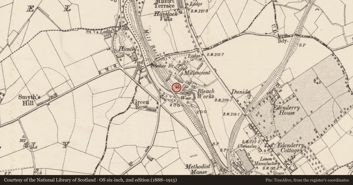 Ordnance Survey six-inch map, 2nd edition (1888–1915) covering the location of Joinery Works, Armagh City, Banbridge and Craigavon, with a pin at the register's coordinates
