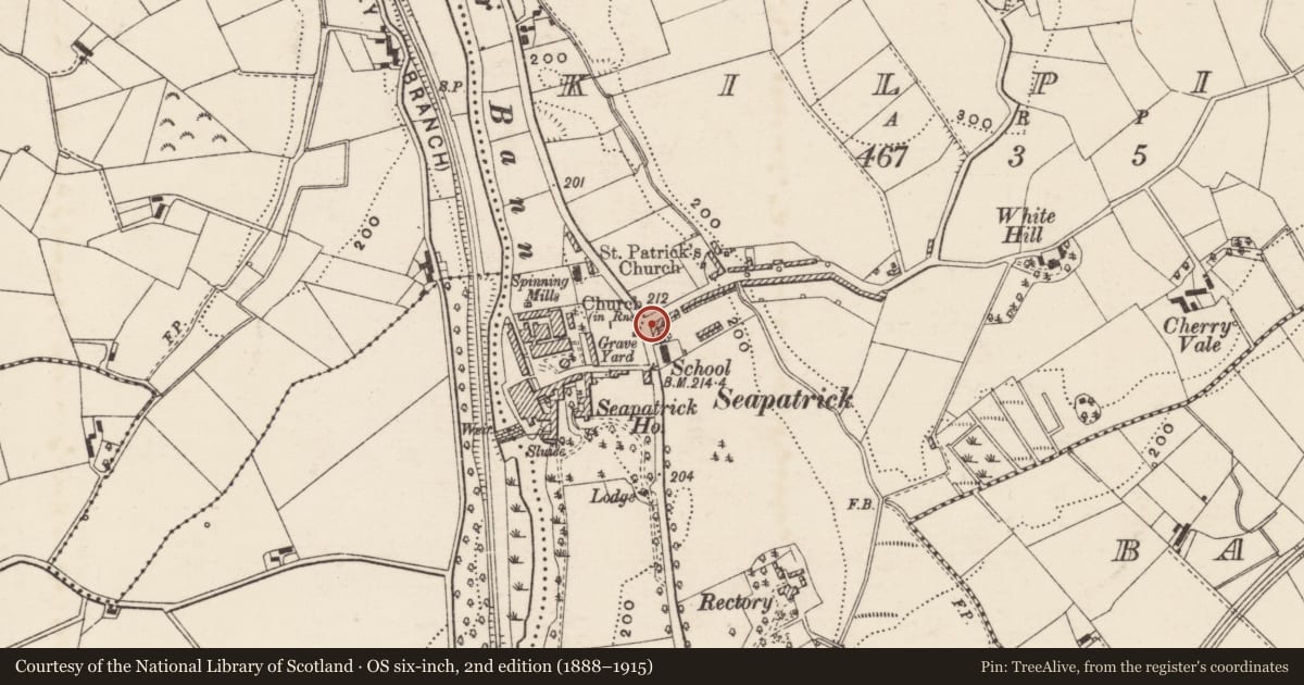 Ordnance Survey six-inch map, 2nd edition (1888–1915) covering the location of Millcourt Antiques, Kilpike, Armagh City, Banbridge and Craigavon, with a pin at the register's coordinates