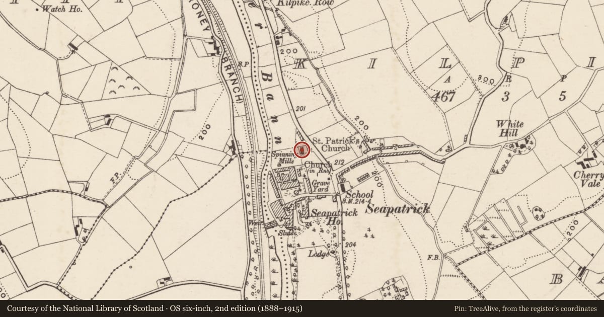 Ordnance Survey six-inch map, 2nd edition (1888–1915) covering the location of St Patricks Church, Kilpike, Armagh City, Banbridge and Craigavon, with a pin at the register's coordinates