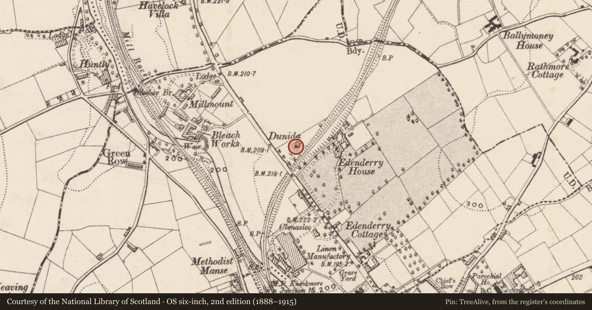 Ordnance Survey six-inch map, 2nd edition (1888–1915) covering the location of 'Dunida', 9 Lurgan Road, Banbridge, Co Down, BT32 4LU, Edenderry, Armagh City, Banbridge and Craigavon, with a pin at the register's coordinates