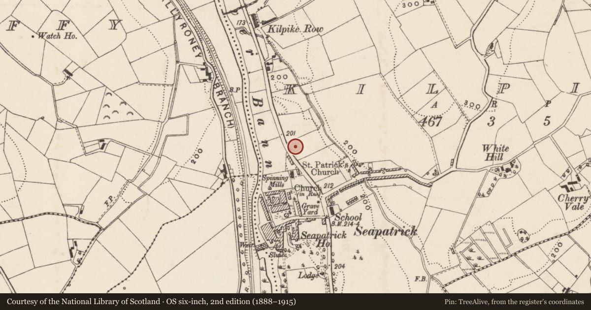 Ordnance Survey six-inch map, 2nd edition (1888–1915) covering the location of 1 Seapatrick Villas, Kilpike, Armagh City, Banbridge and Craigavon, with a pin at the register's coordinates