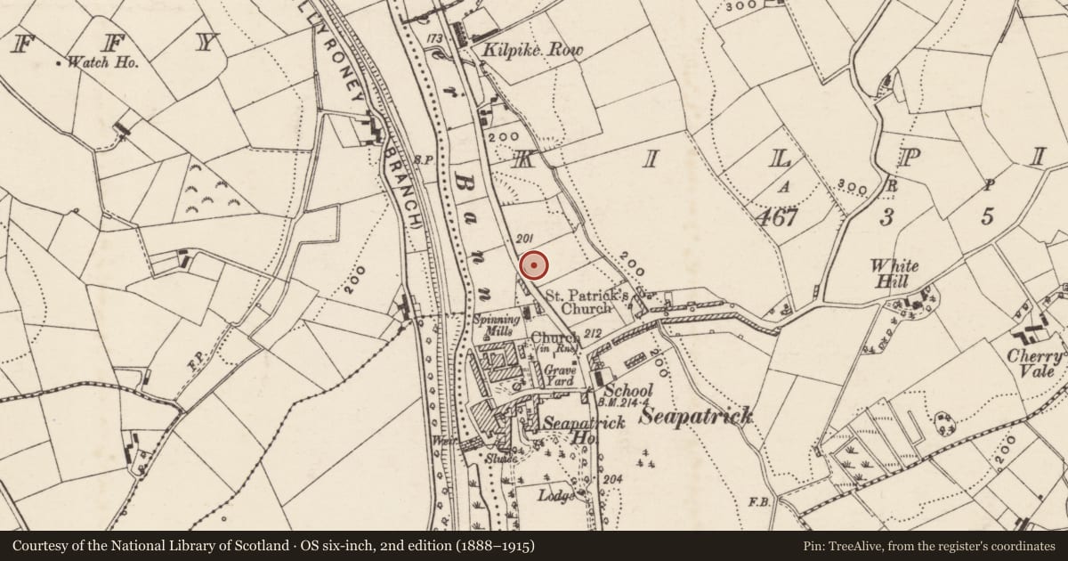 Ordnance Survey six-inch map, 2nd edition (1888–1915) covering the location of 2 Seapatrick Villas, Kilpike, Armagh City, Banbridge and Craigavon, with a pin at the register's coordinates