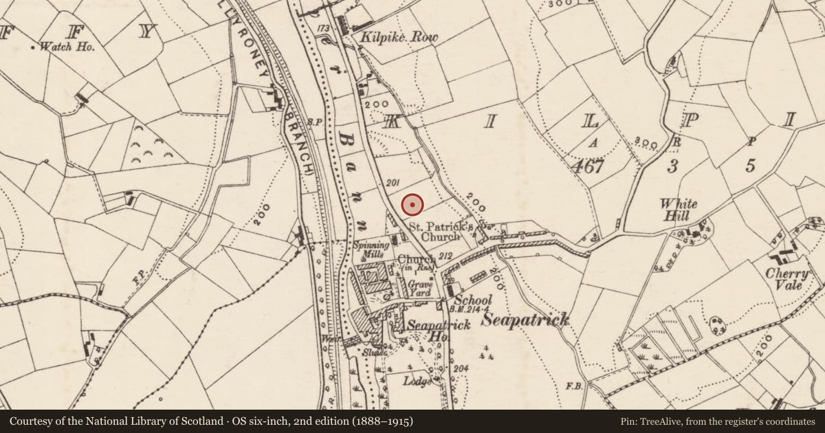 Ordnance Survey six-inch map, 2nd edition (1888–1915) covering the location of 3 Seapatrick Villas, Kilpike, Armagh City, Banbridge and Craigavon, with a pin at the register's coordinates