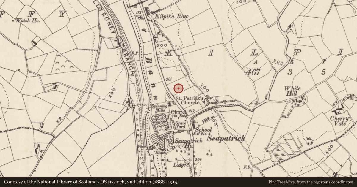 Ordnance Survey six-inch map, 2nd edition (1888–1915) covering the location of 4 Seapatrick Villas, Kilpike, Armagh City, Banbridge and Craigavon, with a pin at the register's coordinates