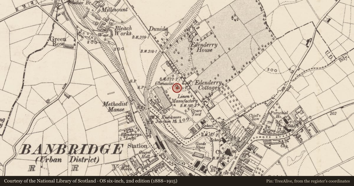 Ordnance Survey six-inch map, 2nd edition (1888–1915) covering the location of Clonaslee, 2 Lurgan Road, Seapatrick, Banbridge, BT32 4AF, Edenderry, Armagh City, Banbridge and Craigavon, with a pin at the register's coordinates