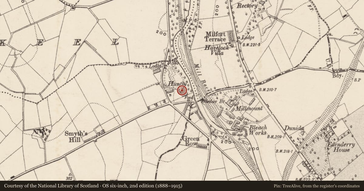 Ordnance Survey six-inch map, 2nd edition (1888–1915) covering the location of Huntly House, Drumnagally, Armagh City, Banbridge and Craigavon, with a pin at the register's coordinates