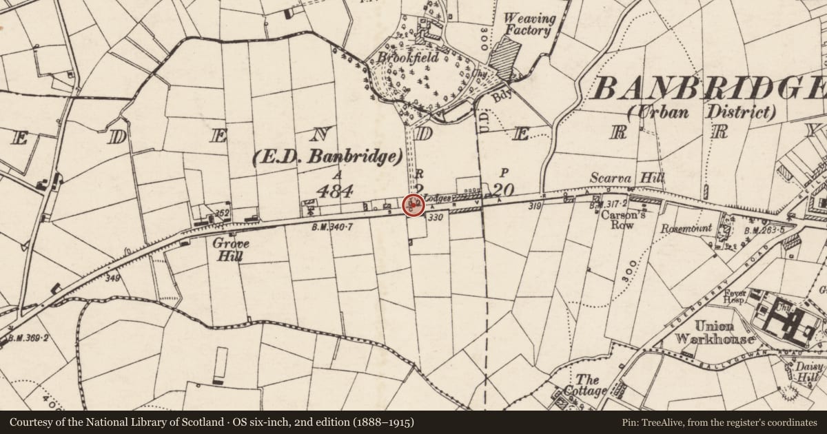 Ordnance Survey six-inch map, 2nd edition (1888–1915) covering the location of Gate Lodges, Edenderry, Armagh City, Banbridge and Craigavon, with a pin at the register's coordinates
