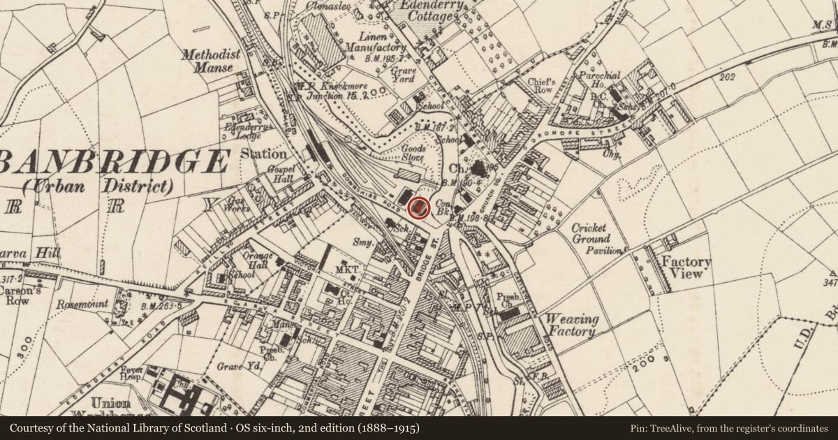 Ordnance Survey six-inch map, 2nd edition (1888–1915) covering the location of Methodist Church, Tullyear, Armagh City, Banbridge and Craigavon, with a pin at the register's coordinates