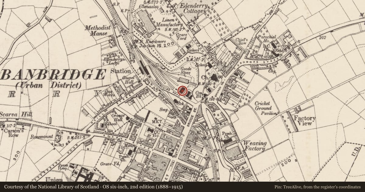 Ordnance Survey six-inch map, 2nd edition (1888–1915) covering the location of Non-Subscribing Church, Tullyear, Armagh City, Banbridge and Craigavon, with a pin at the register's coordinates
